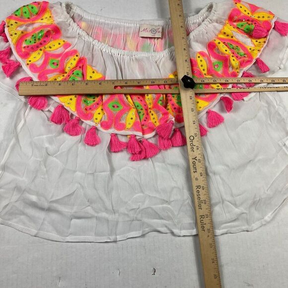 Miss June Paris White Boho Tassel Crop Top S/M Embroidered Festival Resort Shirt - Picture 6 of 10